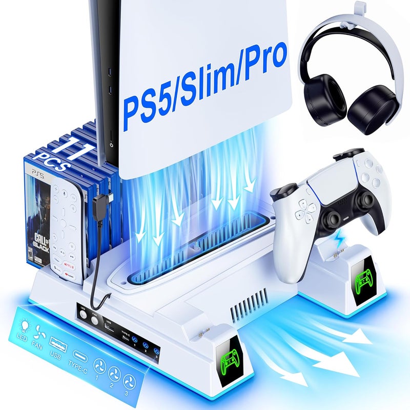 Svetaecho PS5/Slim/Pro Stand and Turbo Cooling Station with Controller Charging Station for PlayStation 5 Digital/Disc Console, LED Cooling Stand PS5/Slim/Pro Accessories Kit with 3 Level Cooler Fan - Image 1